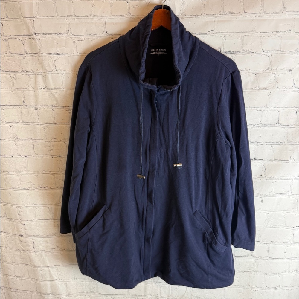 Eileen Fisher Navy Blue Drawstring Collar Jacket